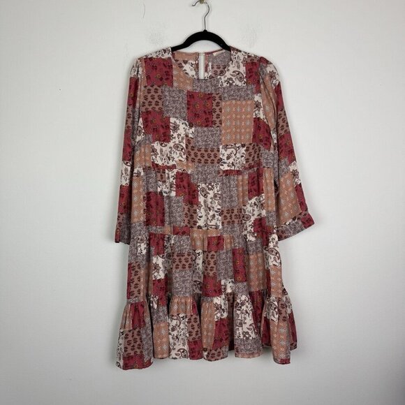 Tullabee Woman’s Multicolored Floral Patchwork Tiered Dress Long Sleeve Size Med - Picture 1 of 7